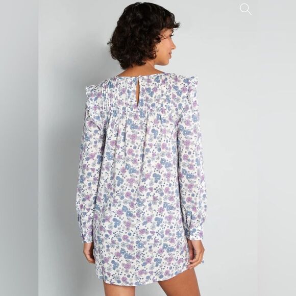 Modcloth Floral Prairie Doll Mini Dress Ruffle Shoulder Purple Blue L NWT - Picture 3 of 12